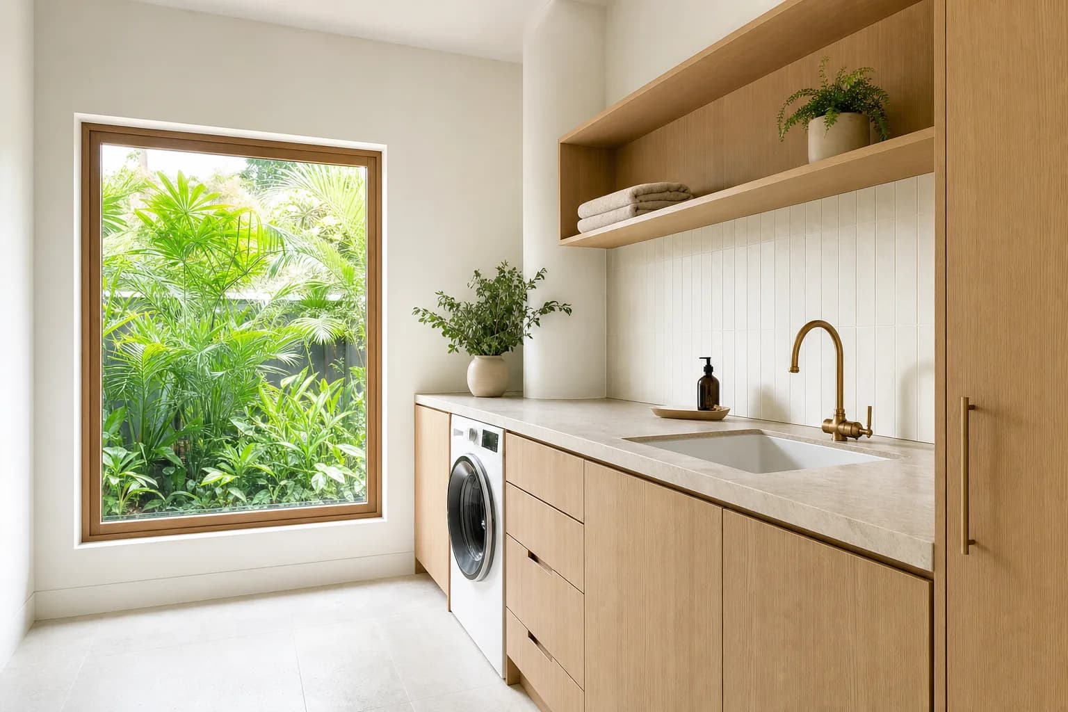 Renovated laundry on the Gold Coast with pale oak joinery, a stone benchtop, an undermount trough and aged brass tapware