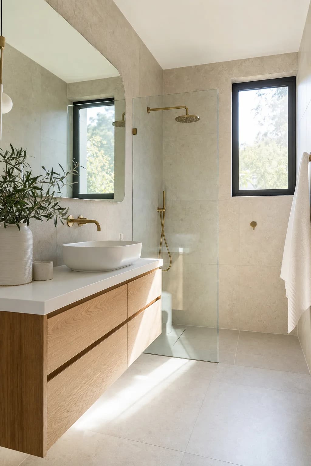 A finished bathroom on handover day with limestone tiling, an oak vanity and brass tapware
