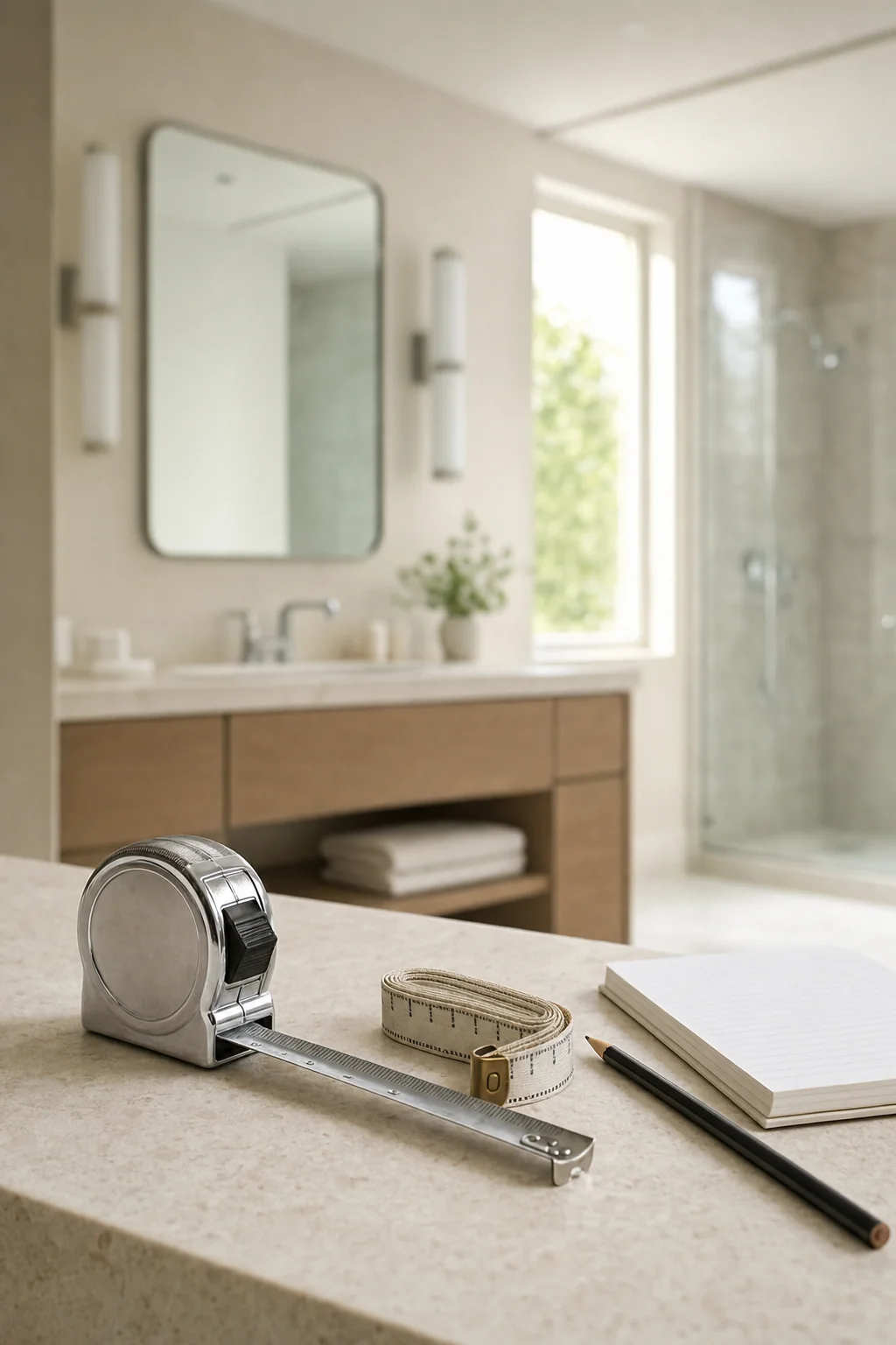 A tape measure and a notepad on a limestone benchtop during an on-site bathroom measure