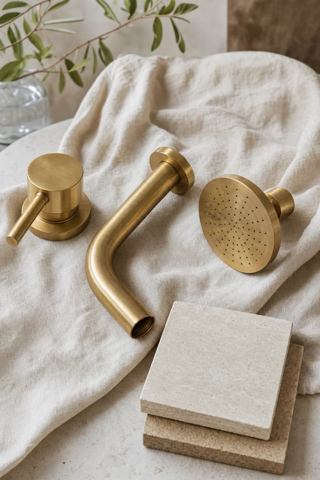 Brass bathroom tapware and stone tile samples laid out on linen before ordering