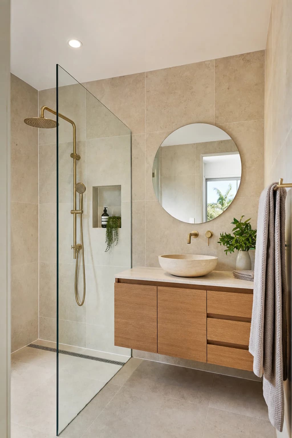 Completed ensuite renovation with a frameless walk-in shower, a wall-hung timber vanity and brass tapware