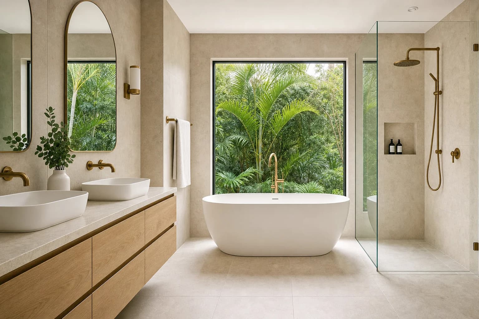 Completed main bathroom renovation with a freestanding bath under a picture window, limestone tiling and a twin-basin oak vanity