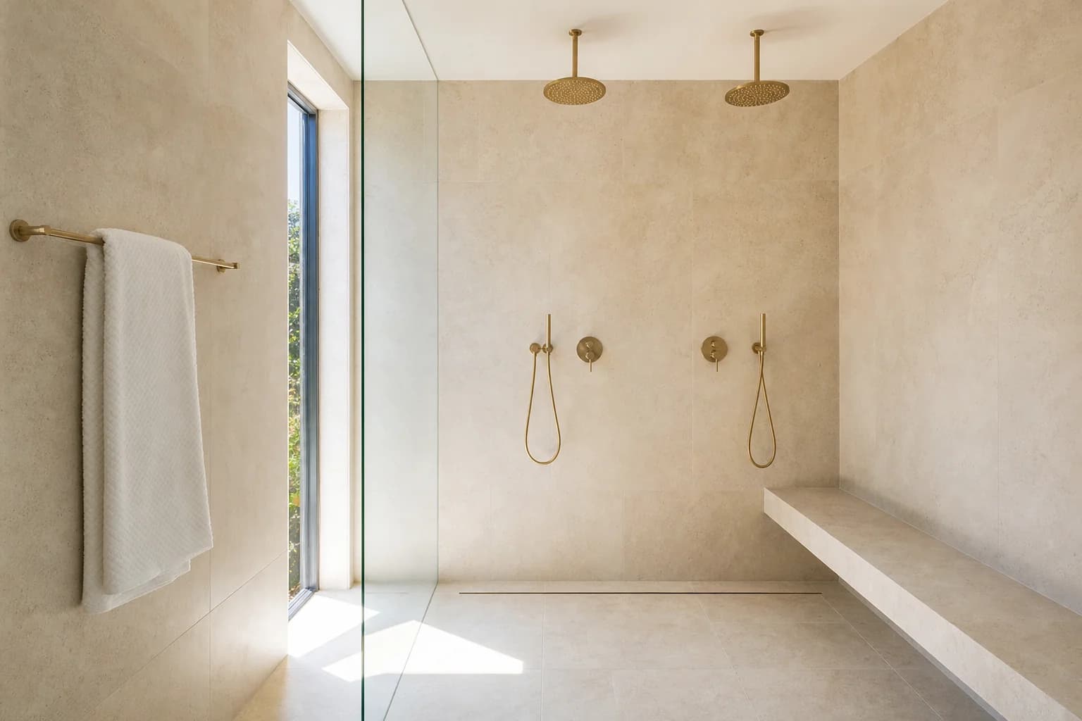 Completed wet room with a double shower, a built-in limestone bench and a linear floor drain